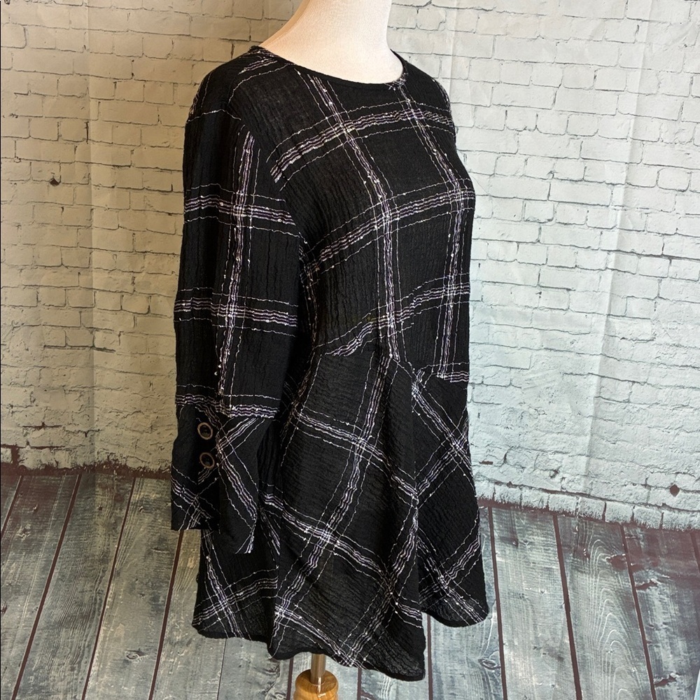 Habitat Linen Blend Gauzy Mixed Lines Abstract Print Tunic Top Sz L Longline